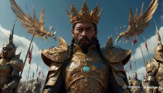King in Golden Armor Commands Attention Amidst Tension – AI Generated Video | Hailuo AI