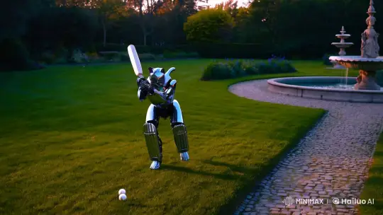 Robotic Cat Plays Cricket in Idyllic Garden Scene – AI Generated Video | Hailuo AI