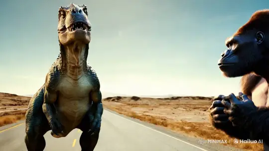 Prehistoric Creature Meets Majestic Gorilla on Desolate Road – AI Generated Video | Hailuo AI