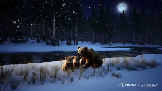 Mother Bear and Cubs in Winter Wonderland – AI Generated Video | Hailuo AI