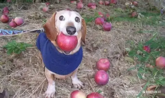 Dog in Blue Sweater Causes Chaos in Apple Orchard – AI Generated Video | Hailuo AI