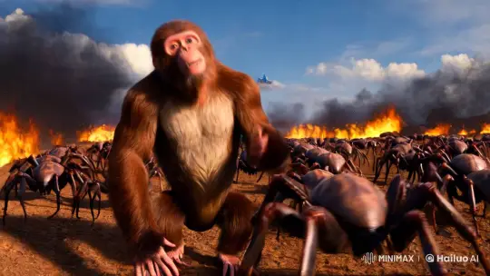 Monkey Battles Giant Spiders Amidst Alien Invasion – AI Generated Video | Hailuo AI