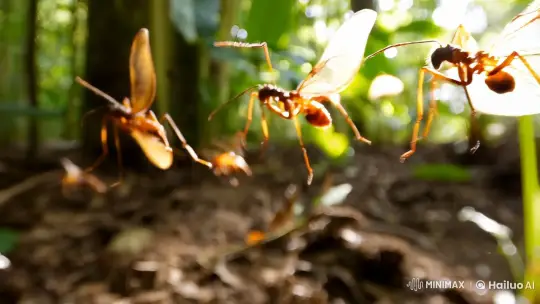 Mesmerizing Flight: Aerial Dance of Flying Ants in Verdant Forest – AI Generated Video | Hailuo AI