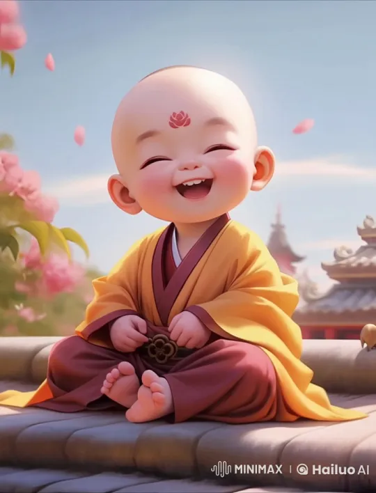 Novice Monk Laughing in a Blossoming Garden – AI Generated Video | Hailuo AI