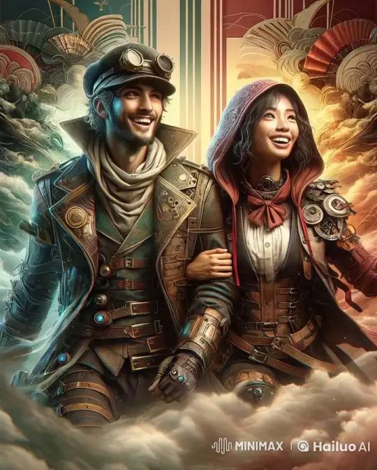 Victorious Steampunk Couple in Cloudy Fantasy World – AI Generated Video | Hailuo AI