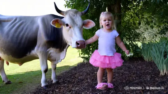 Cute Girl Playing with Cow in Garden – AI Generated Video | Hailuo AI