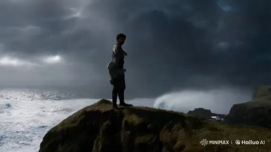 Silhouetted Figure Challenges Storm at Cliff's Edge – AI Generated Video | Hailuo AI