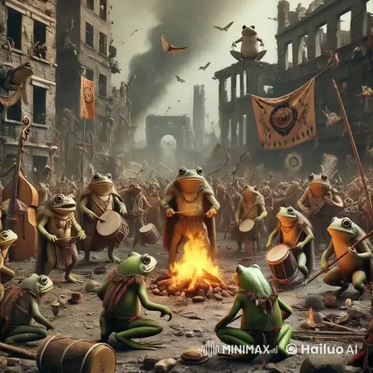 Frog Army Celebrates Victory in Post-Apocalyptic Ruins – AI Generated Video | Hailuo AI