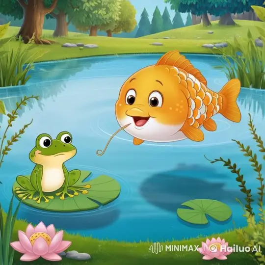 Animated Pond Scene: Fish and Frog Chatting – AI Generated Video | Hailuo AI