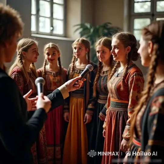 Girls in Traditional Attire Engage with Reporters – AI Generated Video | Hailuo AI