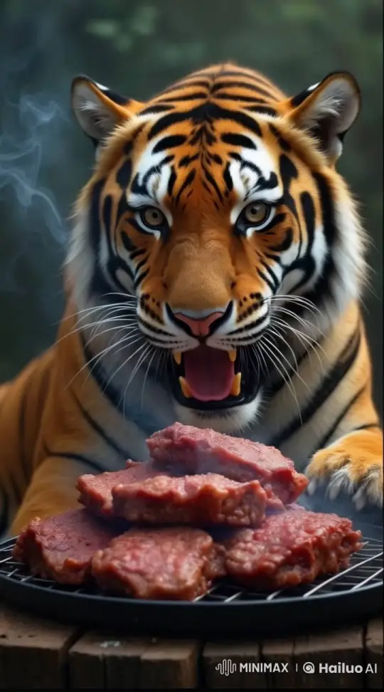 Tiger Anticipates Barbecued Ribs with Intense Gaze – AI Generated Video | Hailuo AI