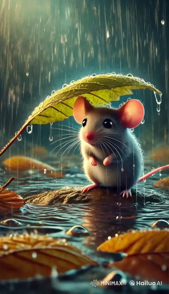 Mouse Shields from Rain with Leaf Umbrella in Autumn – AI Generated Video | Hailuo AI