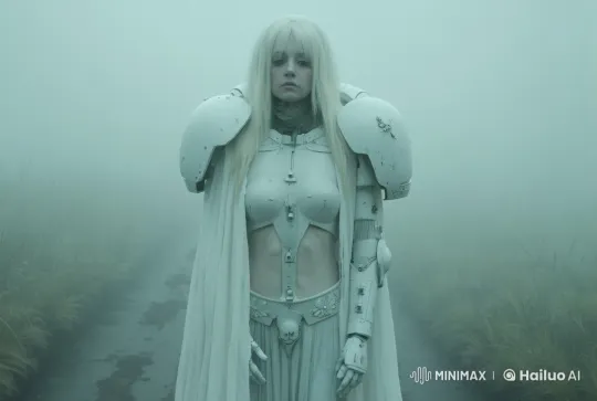 Mysterious Armored Woman in Abandoned Foggy Courtyard – AI Generated Video | Hailuo AI