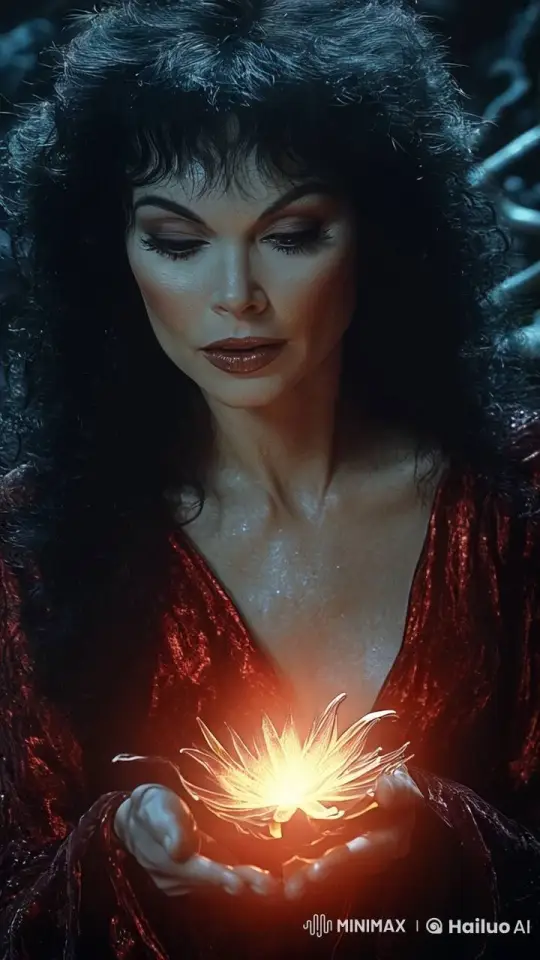 Woman Enchanted by Glowing Lotus in Mysterious Light – AI Generated Video | Hailuo AI