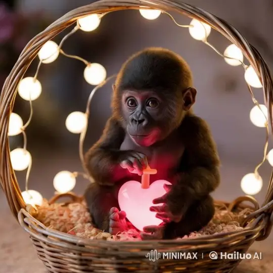 Baby Gorilla Enjoys Heart Light in Cozy Basket Scene – AI Generated Video | Hailuo AI