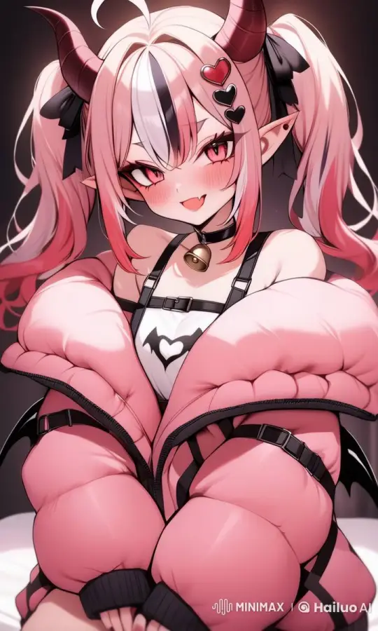 Live2D Animation: Cheerful Demon Girl in Pink Puffer Jacket – AI Generated Video | Hailuo AI