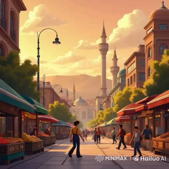 Vibrant Evening Market with Sunset Background – AI Generated Video | Hailuo AI