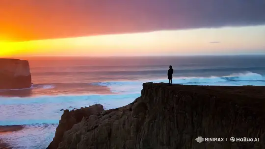 Solitary Figure Reflects on Vast Sunset Landscape – AI Generated Video | Hailuo AI