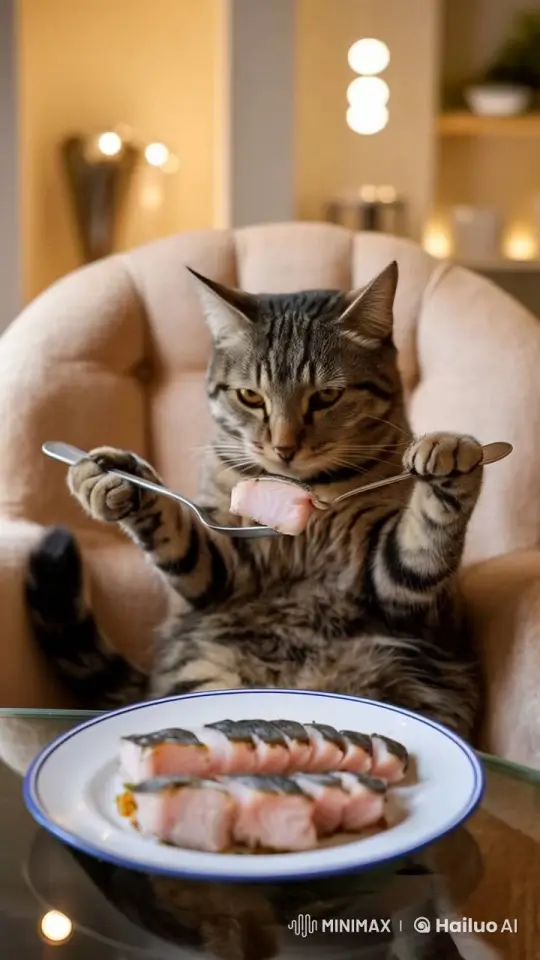 Cat Enjoying Sushi on a Plush Chair – AI Generated Video | Hailuo AI