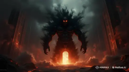 Creature Emerges from Fiery Portal in Dark Landscape – AI Generated Video | Hailuo AI