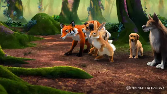 Mystical Forest Chase: Hare, Fox, Tiger, and Dog Tale – AI Generated Video | Hailuo AI