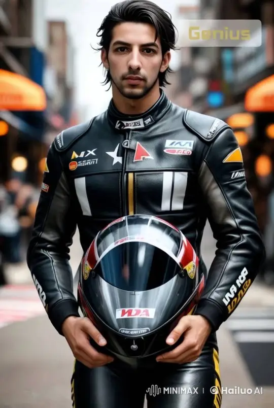 Confident Rider Stands Amidst Bustling City Street – AI Generated Video | Hailuo AI