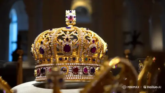 Iranian Crown Display: Sparkling Craftsmanship in Dim Museum – AI Generated Video | Hailuo AI