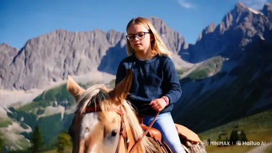 Teen Girl Rides Horse in Majestic Mountains – AI Generated Video | Hailuo AI