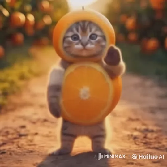 Cute Kitten in Orange Costume Waves in Orchard – AI Generated Video | Hailuo AI