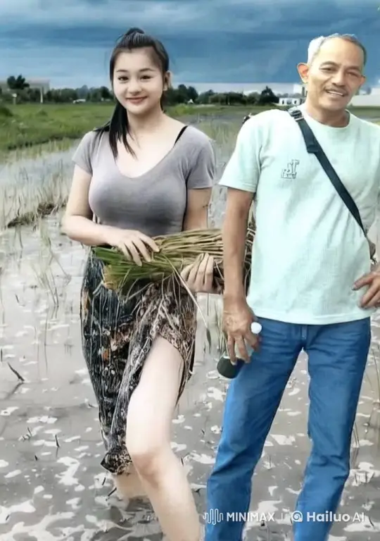 Young Woman and Older Man Embrace in Rice Field – AI Generated Video | Hailuo AI
