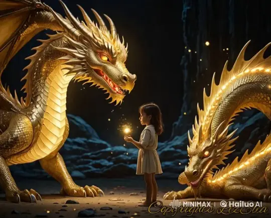 Girl and Dragons Share Enchanted Moment in Cavern – AI Generated Video | Hailuo AI