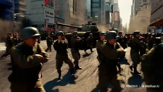 Tokyo's Chaos: An Elderly Warrior Amidst War's Tide – AI Generated Video | Hailuo AI