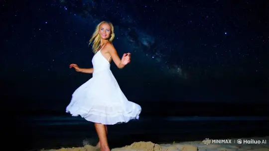 Moonlit Beach Dance: A Carefree Spirit's Silvery Serenade – AI Generated Video | Hailuo AI