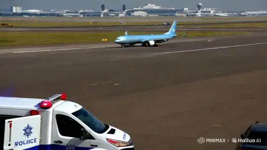 Airplane Landing with Rescue Ambulance in Background – AI Generated Video | Hailuo AI
