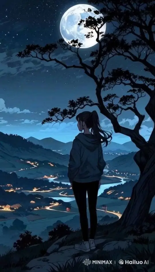 Girl Observes Moonlit River and Village at Night – AI Generated Video | Hailuo AI