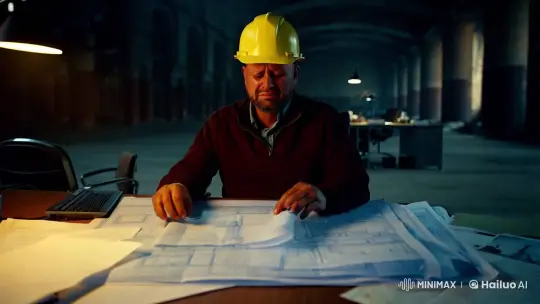 Construction Worker in Dim Office Examining Blueprints – AI Generated Video | Hailuo AI