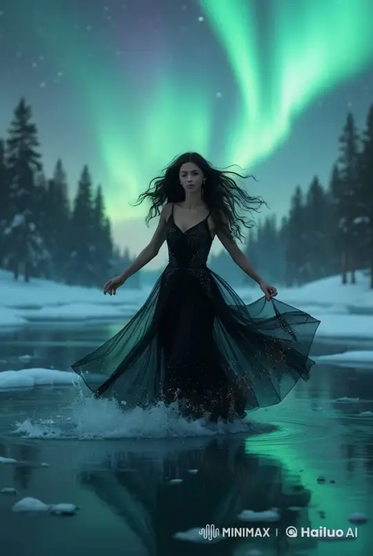 Elegant Woman Enjoys Serene Walk Under Northern Lights – AI Generated Video | Hailuo AI