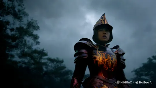 Knight in Flame Armor Faces Colossal Spider in Cinematic Scene – AI Generated Video | Hailuo AI