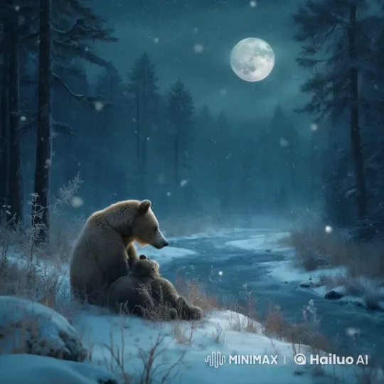Bear Family's Serene Winter Haven Under Moonlit Snow – AI Generated Video | Hailuo AI