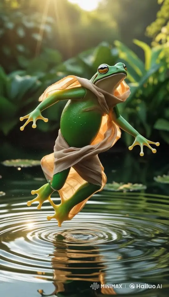 Vibrant Green Frog Leaps in Eco-Conscious Animated Pond Scene – AI Generated Video | Hailuo AI