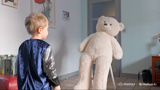 Boy and Animated Bear Prepare for Adventure – AI Generated Video | Hailuo AI