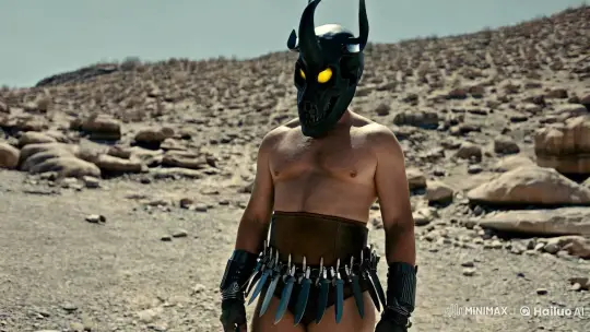Tall Man in Desolate Landscape with Distinctive Skull Helmet – AI Generated Video | Hailuo AI