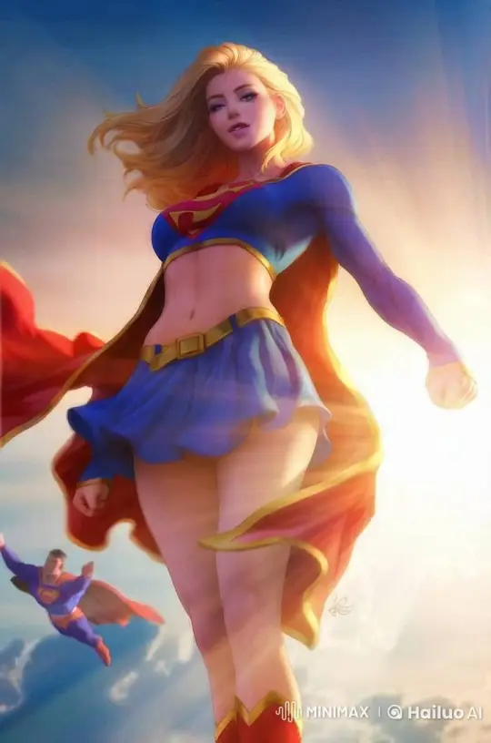 Superheroine Soars Gracefully in Serene Sky – AI Generated Video | Hailuo AI