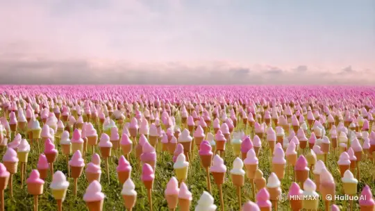 Man Harvests Ice Cream Plants in Surreal Meadow – AI Generated Video | Hailuo AI