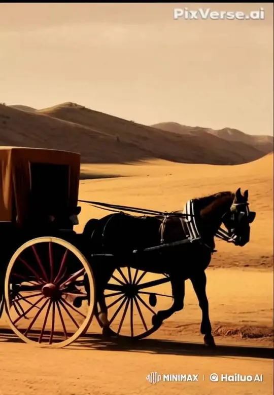 Desert Journey: Horse-Drawn Carriage in Timeless Motion – AI Generated Video | Hailuo AI