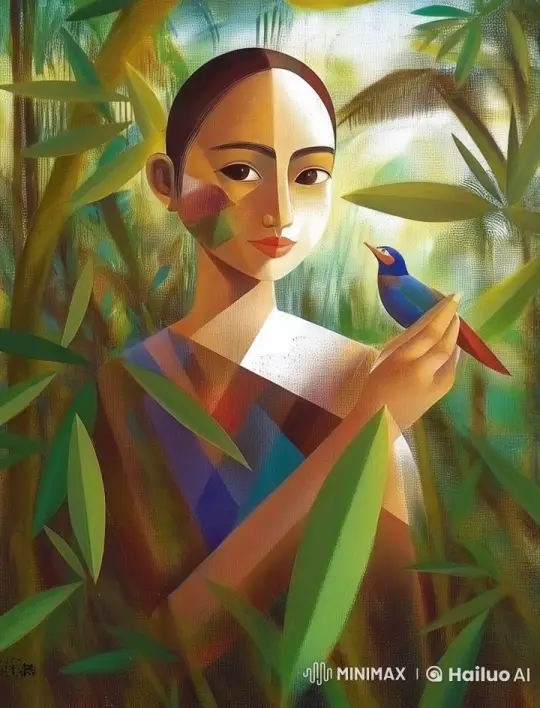 Vivid, Subtle Animation of Woman and Bird in Bamboo – AI Generated Video | Hailuo AI