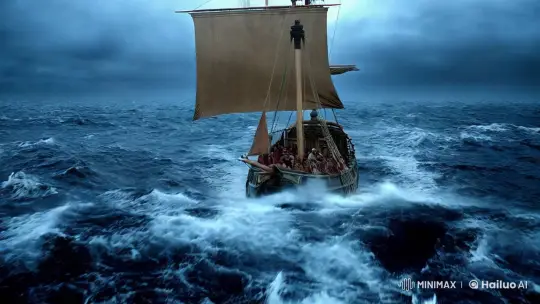 Ancient Ship Battles Storm Amidst Determined Crew – AI Generated Video | Hailuo AI