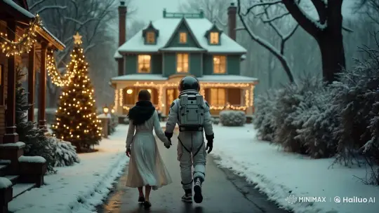 Couple in Spacesuit Walks to Victorian Mansion – AI Generated Video | Hailuo AI