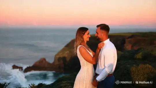 Romantic Couple Embraces at Twilight on Coastal Cliff – AI Generated Video | Hailuo AI