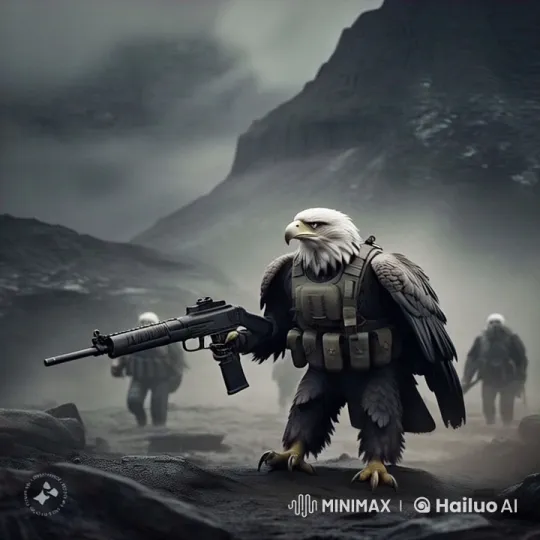 Militaristic Eagle on Guard in Foggy Terrain – AI Generated Video | Hailuo AI